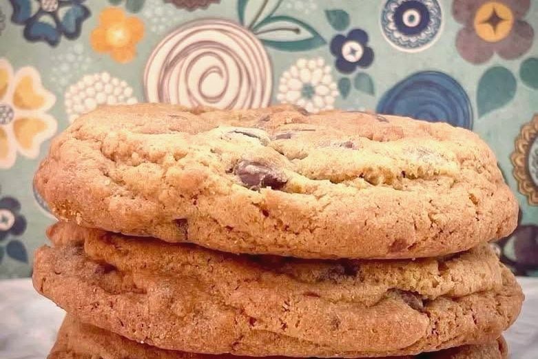 Stack of three chocolate chip cookies